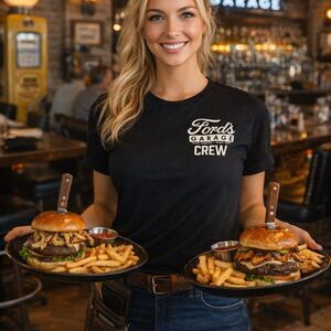 Ford's Garage Crew Employee Graphic T-Shirt Black Unisex Prime Burgers Craft 2XL